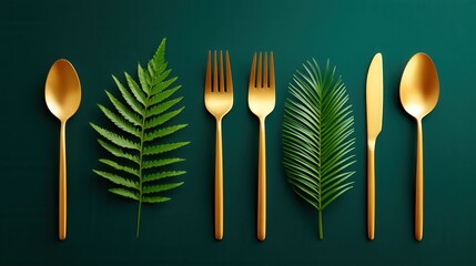 Elegant gold cutlery with green leaves on dark background