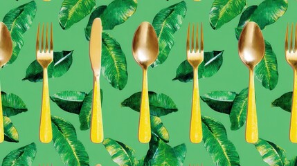 Gold cutlery pattern with tropical green leaves background