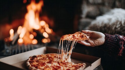 Cozy evening with pizza the fireplace