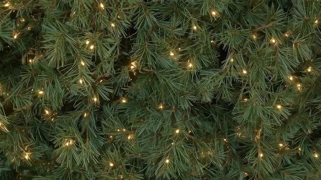Shifting camera causing dense conifer branches softly twinkling in close-up with warm LED lights