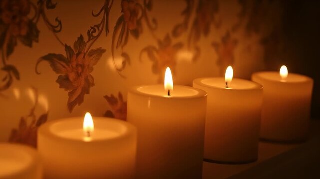 Flickering row of five pillar candles on mantel, flames melting wax and casting warm floral shadows