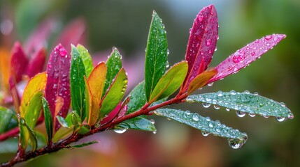 Raindrops glistening on colorful autumn leaves