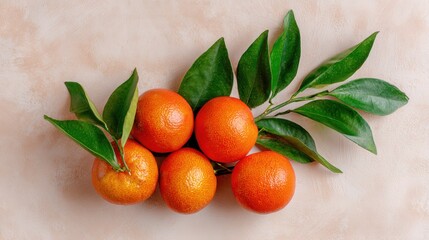 Fresh citrus fruits with green leaves on light background