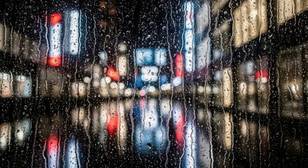 Rainy cityscape view through wet window
