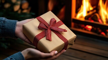 Close up of hands exchanging a beautifully wrapped holiday gift in front of a warm glowing fireplace