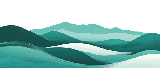 Abstract teal landscape. Layered, flowing mountain shapes with a white background. Simple and elegant