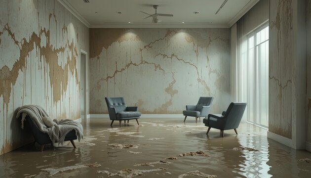 Kerusakan parah akibat banjir di ruang tamu yang elegan dengan noda air dan furnitur yang rusak menunjukkan dampak bencana, yang dapat diajukan untuk klaim asuransi atau renovasi.