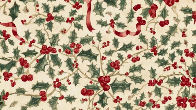 Panning camera revealing repeating holly motif on cream ground to show leaves, berries, ribbons