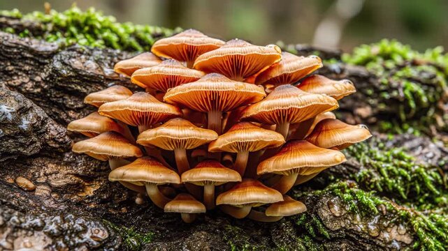 Accelerated motion simulation showing the rapid expansion and subtle color change of several small clustered fungi sprouting from wet rough tree bark motion, visualization, organic