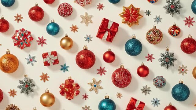 Slow camera panning over cream tabletop, revealing baubles, stars, wrapped gift boxes for styling