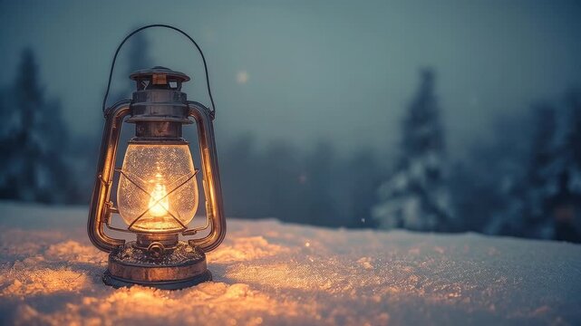 Flickering antique metal lantern left on snow at dusk, first frame casting warm glow, copy space