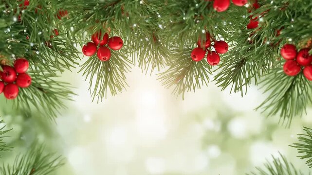 Looping pine border pulsing, sparkling on festive bokeh backdrop, red berries and snow for greeting