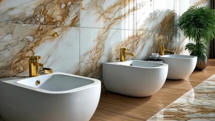 Modern bathroom design featuring elegant freestanding sinks with gold fixtures and luxurious marble walls and floor - Powered by Adobe