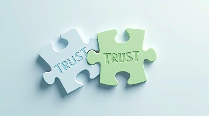 Fototapeta premium Two interlocking puzzle pieces lying flat on a smooth surface together forming the word TRUST.