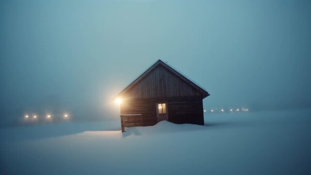 Zooming camera toward wooden cabin on snowfield, revealing porch light, two windows, copy space