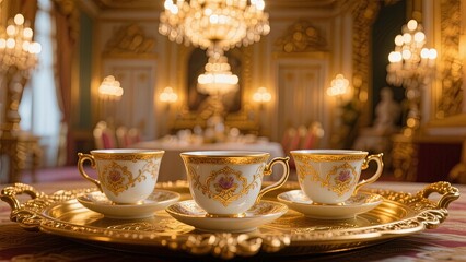Three ornate luxurious porcelain teacups with intricate gold detailing placed placed on an elaborately carved golden tray, rich, warm ambient lighting from chandeliers ,a glowing golden atmosphere.