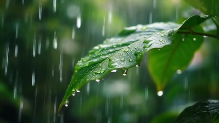 Close-up of heavy rain falling on a vibrant green leaf with fresh water droplets dripping slowly. - Powered by Adobe