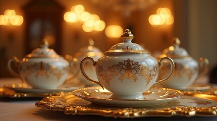 Three ornate luxurious porcelain teacups with intricate gold detailing placed placed on an elaborately carved golden tray, rich, warm ambient lighting from chandeliers ,a glowing golden atmosphere.
