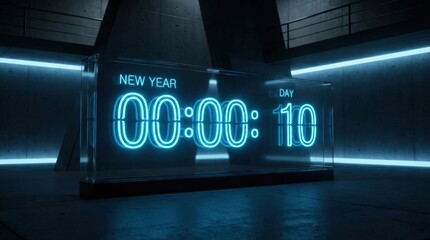 New Year Countdown with Neon Blue Digital Clock in a Futuristic Dark Room.