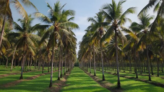 Driving through symmetrical rows of tall coconut palm trees on a lush tropical plantation on a bright sunny day.