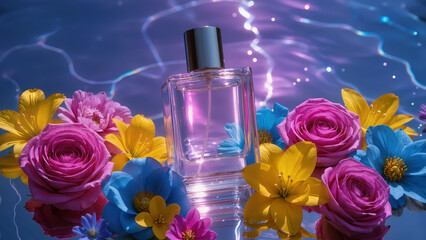 Minimalist perfume bottle amid many flowers with a water background.