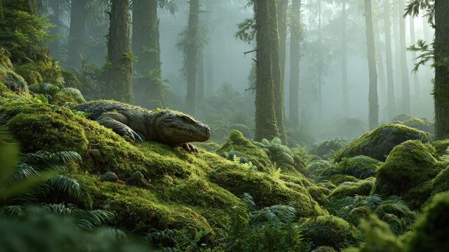 scene of ancient mammal-like reptiles (e.g., lystrosaurus) foraging among dinosaur tracks in a mossy jungle, cinematic focus
