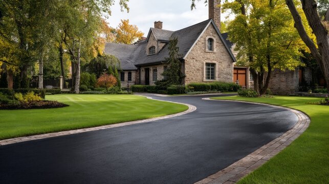 A freshly paved black asphalt driveway undulates smoothly towards a stunning stone house. Vibrant trees and well-kept gardens frame the entrance, creating a welcoming atmosphere in a serene setting