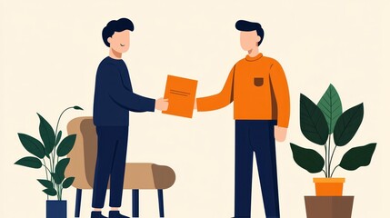 Two businessmen exchange a document in a modern office setting with potted plants and simple furniture