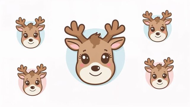 Looping central deer head pulsing and antlers moving on pale field with four heads, blue-pink halos
