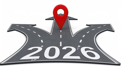 A visual representation of the year 2026, where the path forward is marked with a navigation marker, indicating decisions and pathways that lead to that destination.