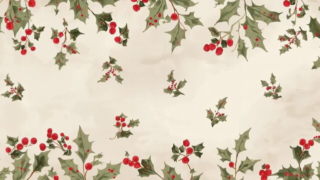 Looping holly motif drifting on cream paper, leaving space for text, watercolor leaves and berries