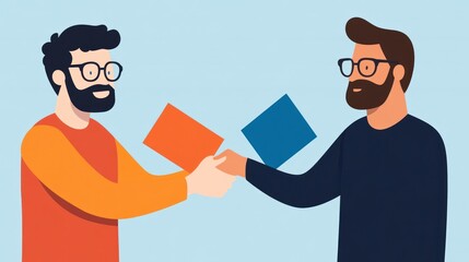 Two bearded businessmen with glasses shake hands over colorful documents symbolizing a successful partnership agreement