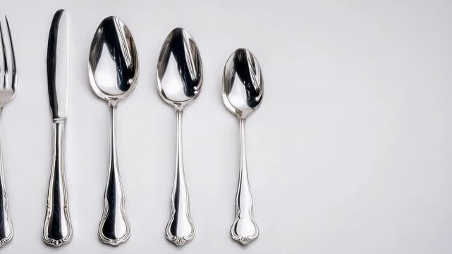 Row of silverware on a white surface, showing assorted forks, a knife, and spoons lined up by size.