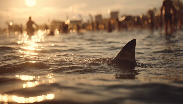 Shark fin emerges from water near beachgoers at sunset, creating tension