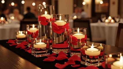 Candles and red petals in waterfilled glass create a romantic ambiance suitable for valentines day cards, wedding invitations, or spathemed designs.