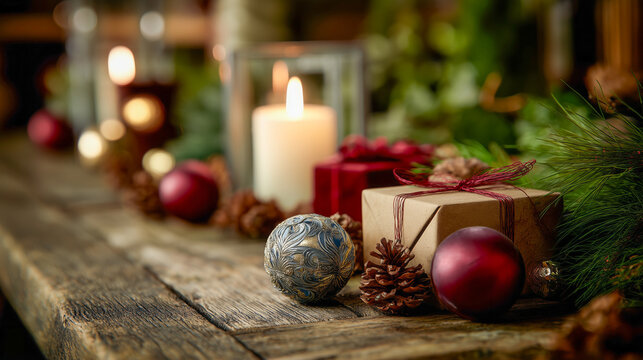 A table is decorated with a fir banches and presents