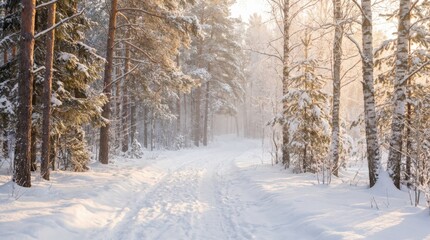 Fototapeta premium Snowy Winter Forest Path with Sunlit Trees and Fresh Snow.