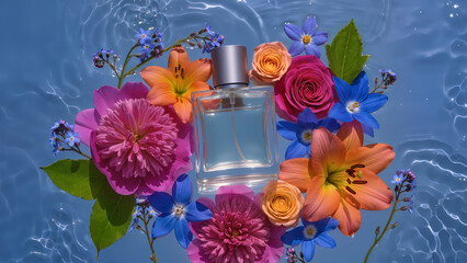 Minimalist perfume bottle amid many flowers with a water background.