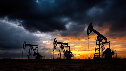 Oil pump silhouettes against a dramatic, colorful sunset with dark clouds