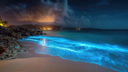 Bioluminescent ocean waves glow blue on a sandy beach under a starry night