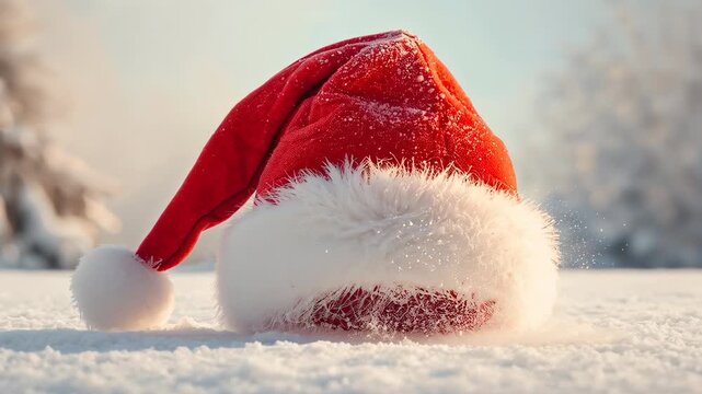 Lifting light gust sending fine snow from red Santa hat in snowy forest clearing, dusting trim