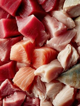Assortment of Raw Fish Cubes: A vibrant, top-down view showcases a variety of freshly cut raw fish cubes, including deep red tuna and lighter salmon, ready for culinary preparation.