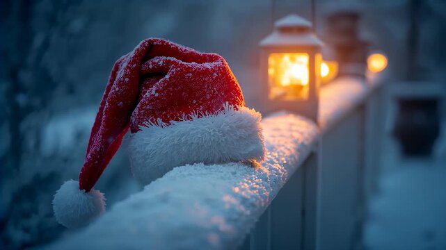 Shifting camera to show red Santa-hat white-trim pom-pom on snowy railing with lanterns, copy space