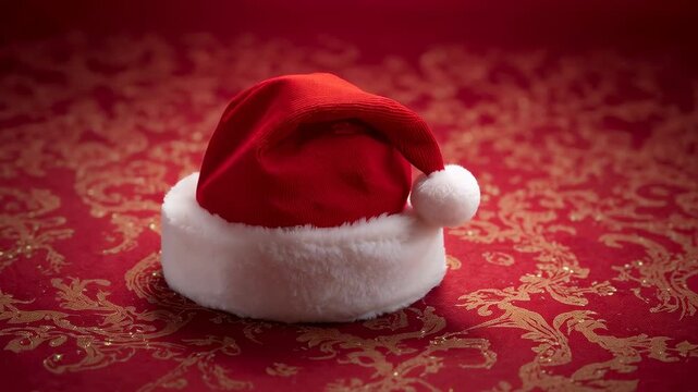 Moving camera closing frame, focusing on studio brocade with gold beads for display, hat settling