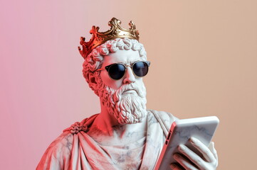 Marble statue holding tablet while wearing sunglasses and crown against colorful background with modern vibes