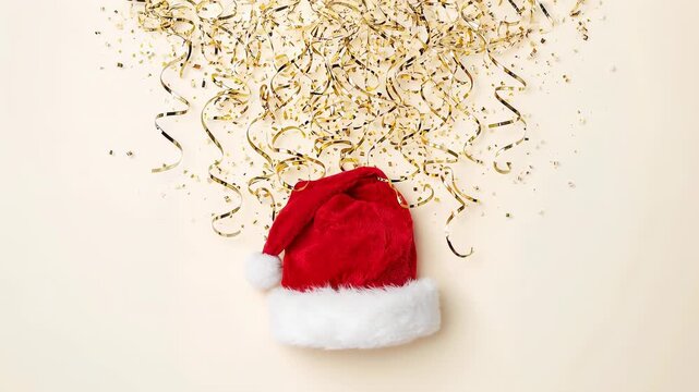 Sitting red Santa-style hat staying centered on pale beige backdrop, gravity pulling gold streamers