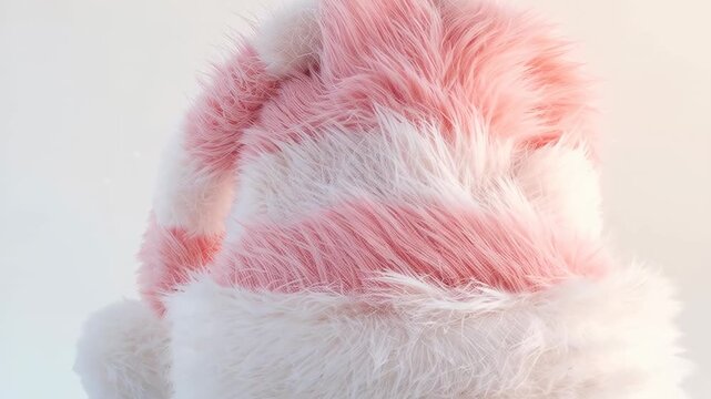 Zooming camera pushing in on fluffy pink-white hat at studio, revealing pompom, light sparkles