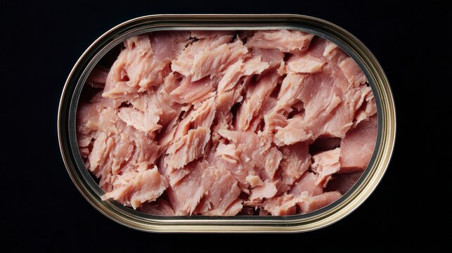 Canned Tuna Fillets: A close-up view of flaked tuna fillets packed tightly within an opened tin can, presented against a dark, contrasting background.