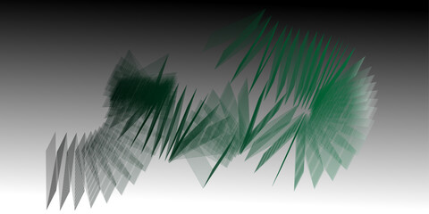 An abstract digital composition featuring layered, translucent geometric shapes that resemble sharp, leaf-like forms in green and gray, arranged in flowing motion across a smooth gradient background 