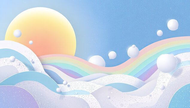 Surreal pastel landscape with a glowing orb and soft, rolling waves